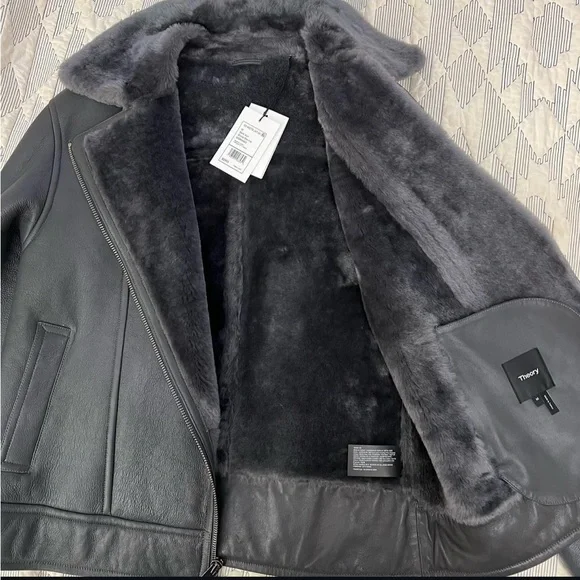 NEW Theory Oversized Shiny Shearling Moto Leather Jacket - Picture 2 of 6